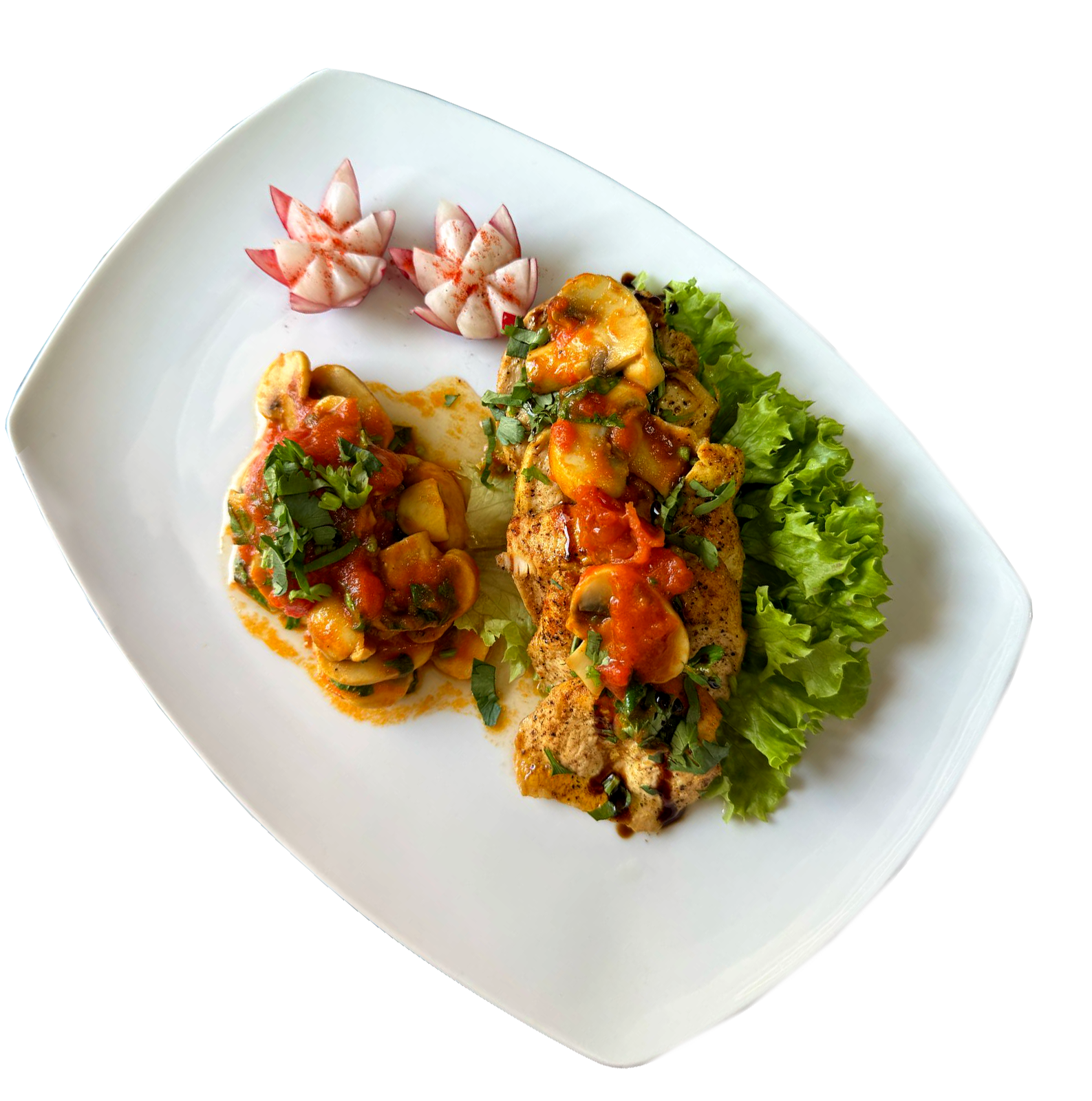 Куриное филе с помидорами и грибами